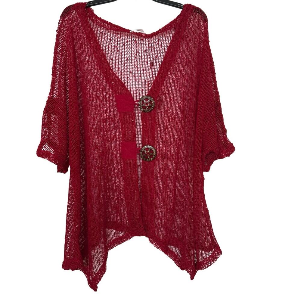 Kaktus Red Sheer Open Knit Sparkle Boho Asymmetrical Top XXL NWT Whimsigoth